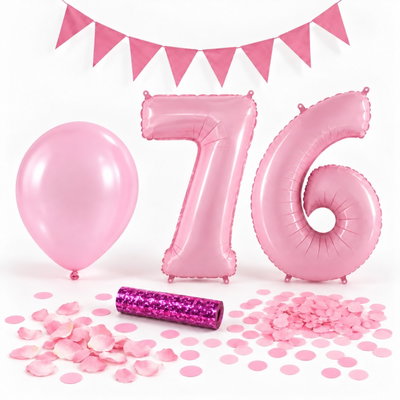 76-års festpaket, Rosa, Stor – paketets dekorationer på vit bakgrund