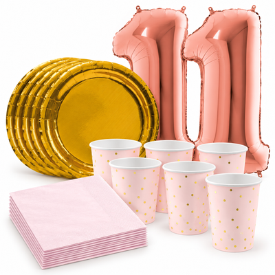 11-årskalas, Rosa och guld, kalaspaket, 6 gäster – samlat paketinnehåll