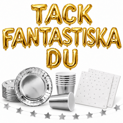 TACK FANTASTISKA DU, 35 cm guld bokstavsballonger med silver dukning