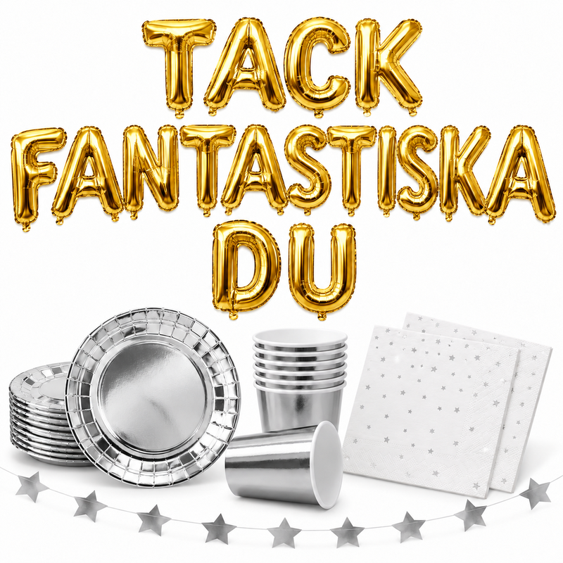 TACK FANTASTISKA DU, 35 cm guld bokstavsballonger med silver dukning