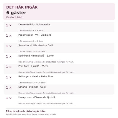 Dop pojke – guld och blått – fikadukning & dekorationer, 6 gäster – innehåll och antal