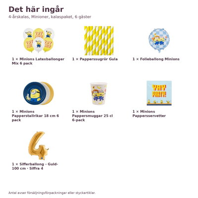 4-årskalas, Minioner, kalaspaket, 6 gäster – innehåll och antal, sifferballong 100 cm