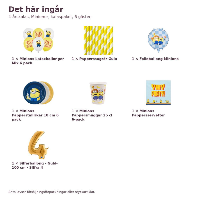4-årskalas, Minioner, kalaspaket, 6 gäster – innehåll och antal, sifferballong 100 cm