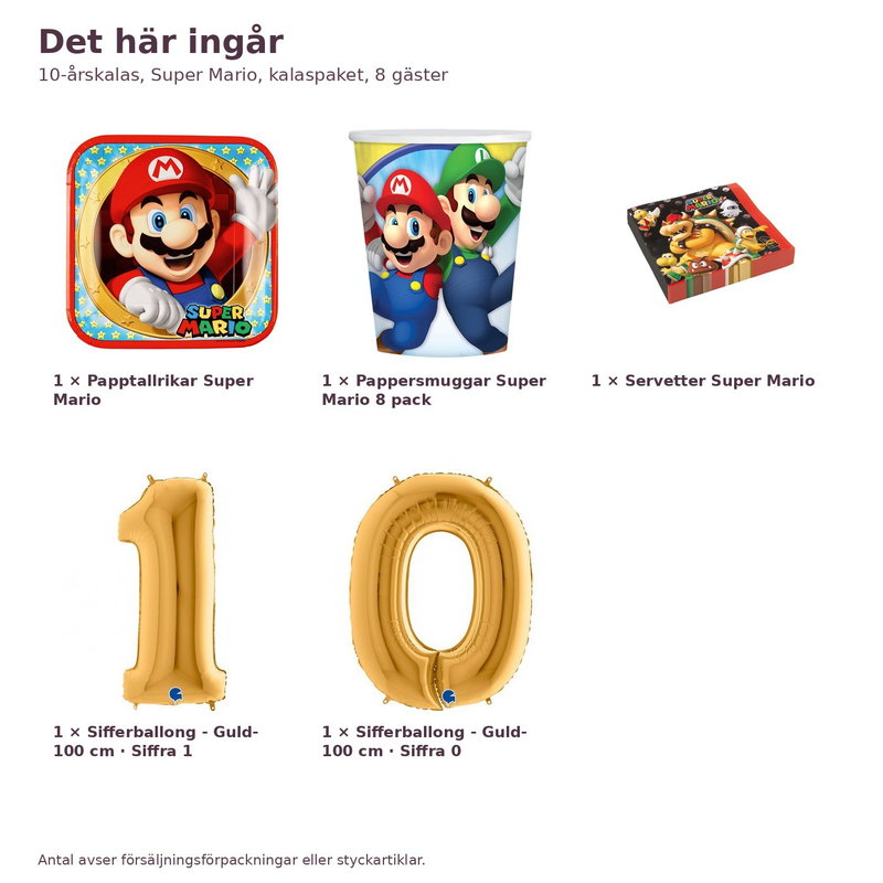 10-årskalas, Super Mario, kalaspaket, 8 gäster – innehåll och antal, sifferballong 100 cm