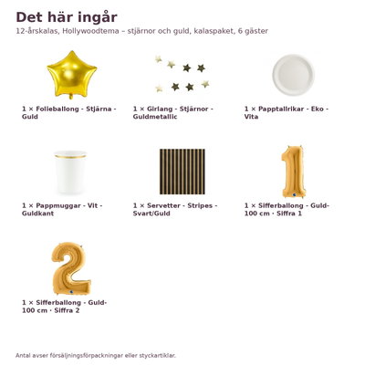 12-årskalas, Hollywoodtema – stjärnor och guld, kalaspaket, 6 gäster – innehåll och antal, sifferballong 100 cm