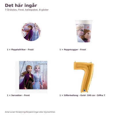 7-årskalas, Frost, kalaspaket, 8 gäster – innehåll och antal, sifferballong 100 cm