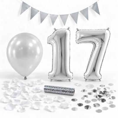 17-års festpaket, Silver, Stor – paketets dekorationer på vit bakgrund