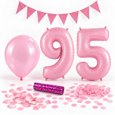 95-års festpaket, Rosa, Stor – paketets dekorationer på vit bakgrund