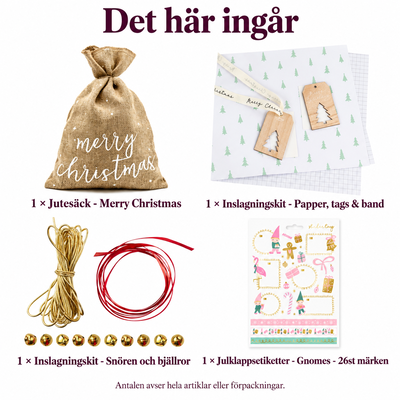 Det här ingår i Julklappsrundan – papperspaket i en gemensam jutesäck