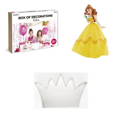 Prinsesskalas, dekorationspaket med Belle och kronutstickare – översikt av ingående produkttyper