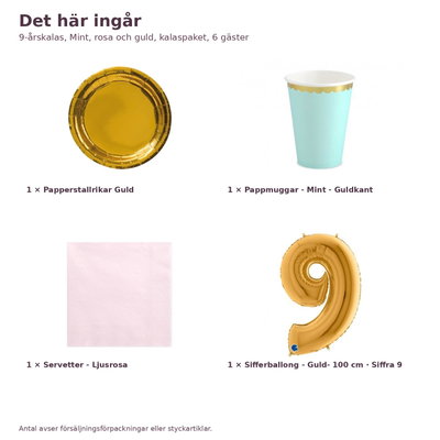 9-årskalas, Mint, rosa och guld, kalaspaket, 6 gäster – innehåll och antal, sifferballong 100 cm
