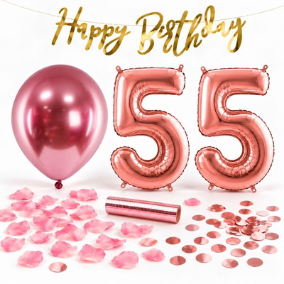 55-års festpaket, Roséguld, Stor – paketets dekorationer på vit bakgrund