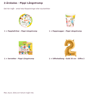2-årskalas, Pippi Långstrump, kalaspaket, 8 gäster – innehåll och antal förpackningar