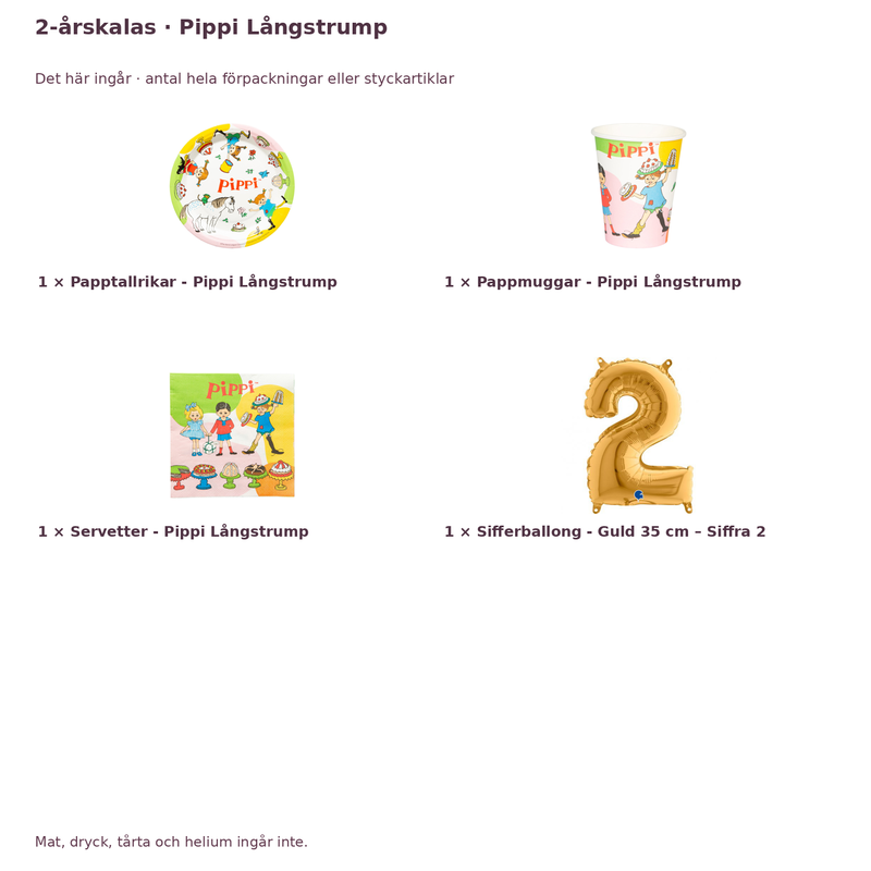 2-årskalas, Pippi Långstrump, kalaspaket, 8 gäster – innehåll och antal förpackningar