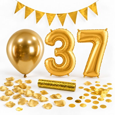 37-års festpaket, Guld, Stor – paketets dekorationer på vit bakgrund