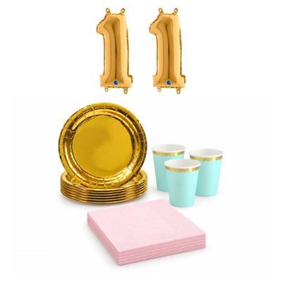 11-årskalas, Mint, rosa och guld, kalaspaket, 6 gäster – sammansatt bild av paketets produkter