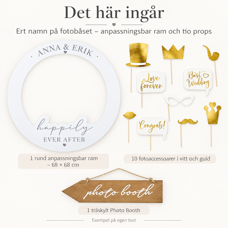 Det här ingår – Ert namn på fotobåset – anpassningsbar ram och tio props