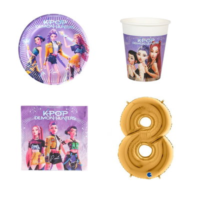8-årskalas, K-pop, kalaspaket, 8 gäster – paketets produkter med sifferballong 100 cm