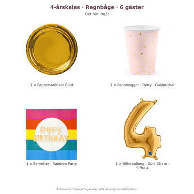 4-årskalas, Regnbåge, kalaspaket, 6 gäster – innehåll och antal förpackningar