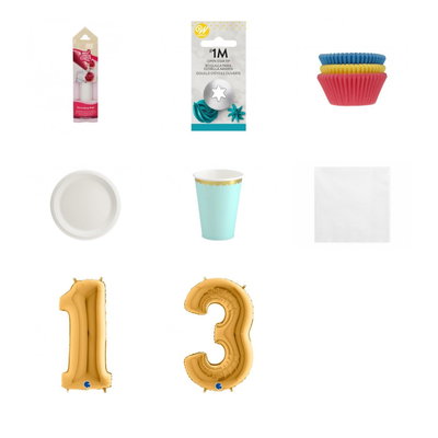 13-årskalas, Bakkalas – dekorera cupcakes, kalaspaket, 6 gäster – paketets produkter med sifferballong 100 cm