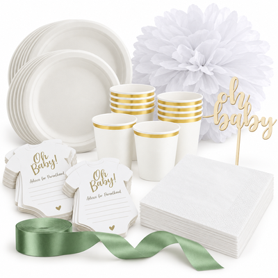 Babyshower – salvia och vitt – dukning och minnen, 12 gäster – samlat paketinnehåll