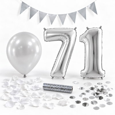 71-års festpaket, Silver, Stor – paketets dekorationer på vit bakgrund