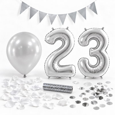 23-års festpaket, Silver, Stor – paketets dekorationer på vit bakgrund