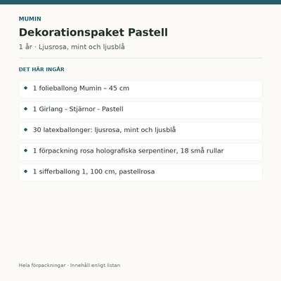 Mumin 1 år – dekorationspaket Pastell – innehåll och antal