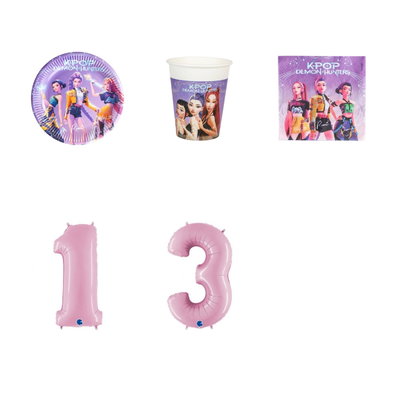 13-årskalas, K-pop, kalaspaket, 8 gäster – paketets produkter med sifferballong 100 cm