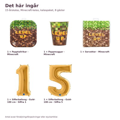 15-årskalas, Minecraft-kalas, kalaspaket, 8 gäster – innehåll och antal, sifferballong 100 cm