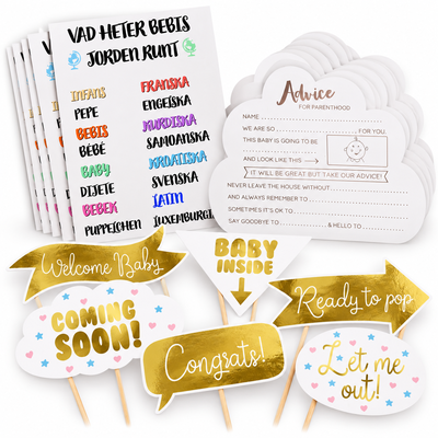 Babyshower – aktivitetspaket med lek, rådskort och fotorekvisita – samlat paketinnehåll