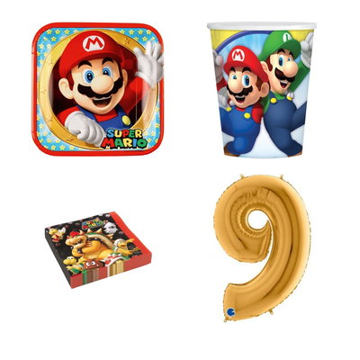 9-årskalas, Super Mario, kalaspaket, 8 gäster – paketets produkter med sifferballong 100 cm