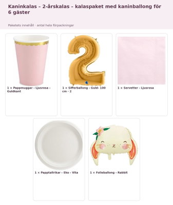 Kaninkalas – 2-årskalas – kalaspaket med kaninballong för 6 gäster – innehåll och antal