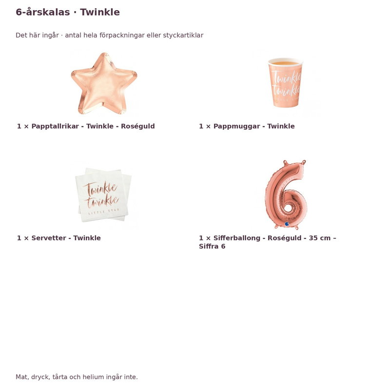 6-årskalas, Twinkle, kalaspaket, 8 gäster – innehåll och antal förpackningar