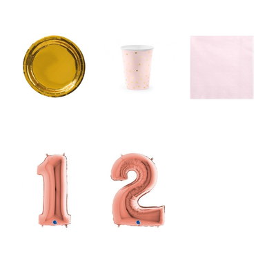 12-årskalas, Rosa och guld, kalaspaket, 6 gäster – paketets produkter med sifferballong 100 cm