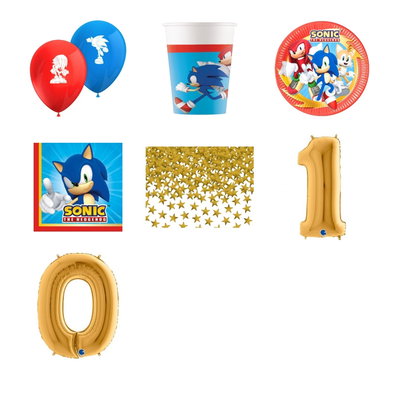 10-årskalas, Sonic, kalaspaket, 8 gäster – paketets produkter med sifferballong 100 cm