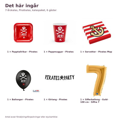 7-årskalas, Piratkalas, kalaspaket, 6 gäster – innehåll och antal, sifferballong 100 cm