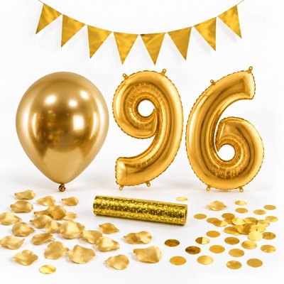 96-års festpaket, Guld, Stor – paketets dekorationer på vit bakgrund