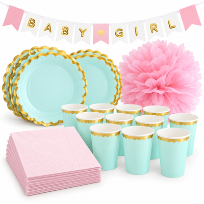 Babyshower flicka – mint och rosa – fikapaket, 12 gäster – samlat paketinnehåll
