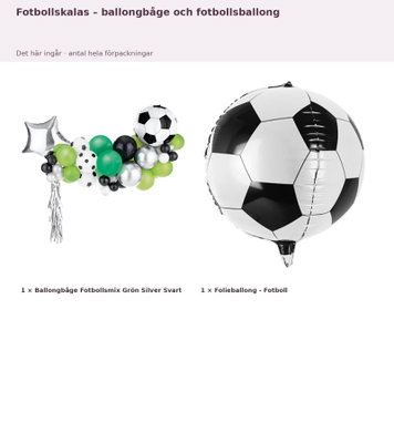 Fotbollskalas – ballongbåge och fotbollsballong – innehåll och antal