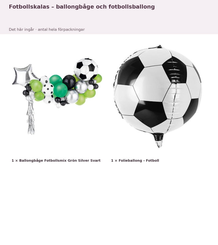 Fotbollskalas – ballongbåge och fotbollsballong – innehåll och antal