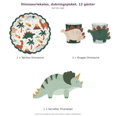 Dinosauriekalas, dukningspaket, 12 gäster – innehåll och antal förpackningar