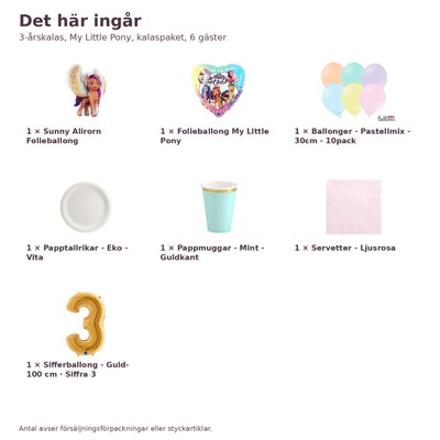 3-årskalas, My Little Pony, kalaspaket, 6 gäster – innehåll och antal, sifferballong 100 cm