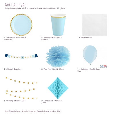 Babyshower pojke – blå och guld – fika och dekorationer, 12 gäster – innehåll och antal förpackningar