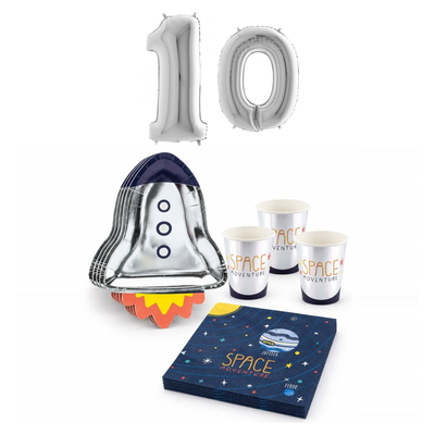 10-årskalas, Rymdkalas, kalaspaket, 6 gäster – sammansatt bild av paketets produkter