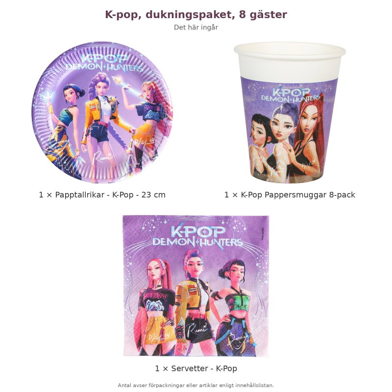 K-pop, dukningspaket, 8 gäster – innehåll och antal förpackningar