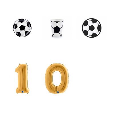 10-årskalas, Fotboll, kalaspaket, 6 gäster – paketets produkter med sifferballong 100 cm