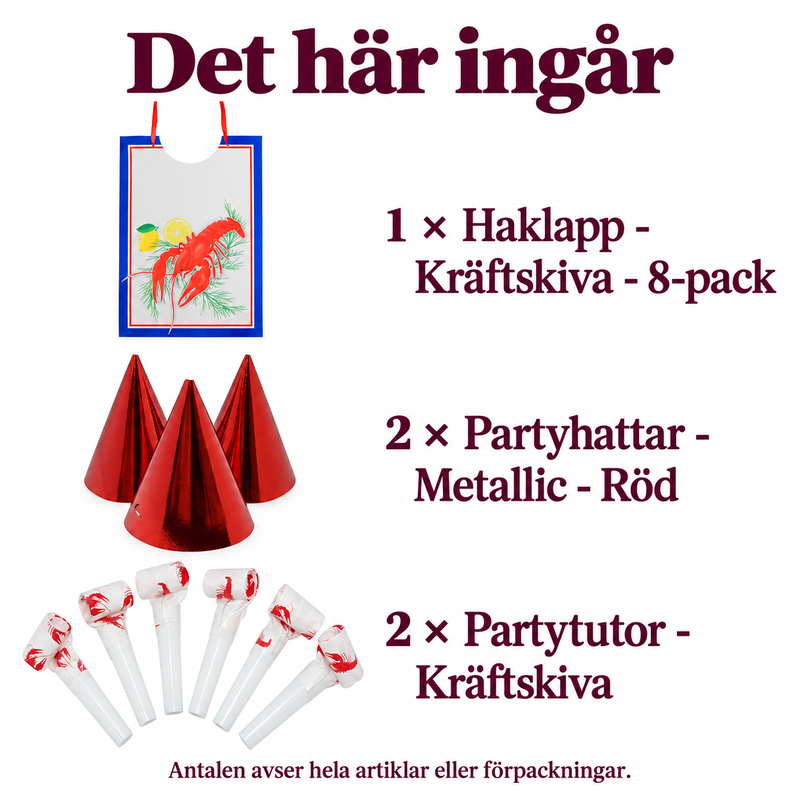 Kräftskiva – gästkit med haklappar, röda hattar och tutor för 8 – innehåll och antal