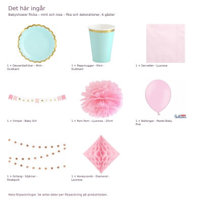 Babyshower flicka – mint och rosa – fika och dekorationer, 6 gäster – innehåll och antal förpackningar