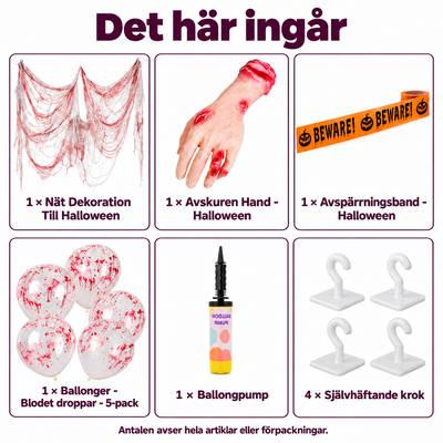 Det här ingår: Blodiga korridorkulissen – nät, hand och varningsband